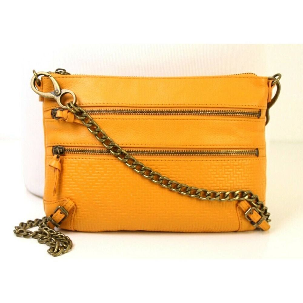 Elliott Lucca EMBOSSED YELLOW GENUINE LEATHER CHAIN STRAP ZIP SHOULDER BAG PURSE